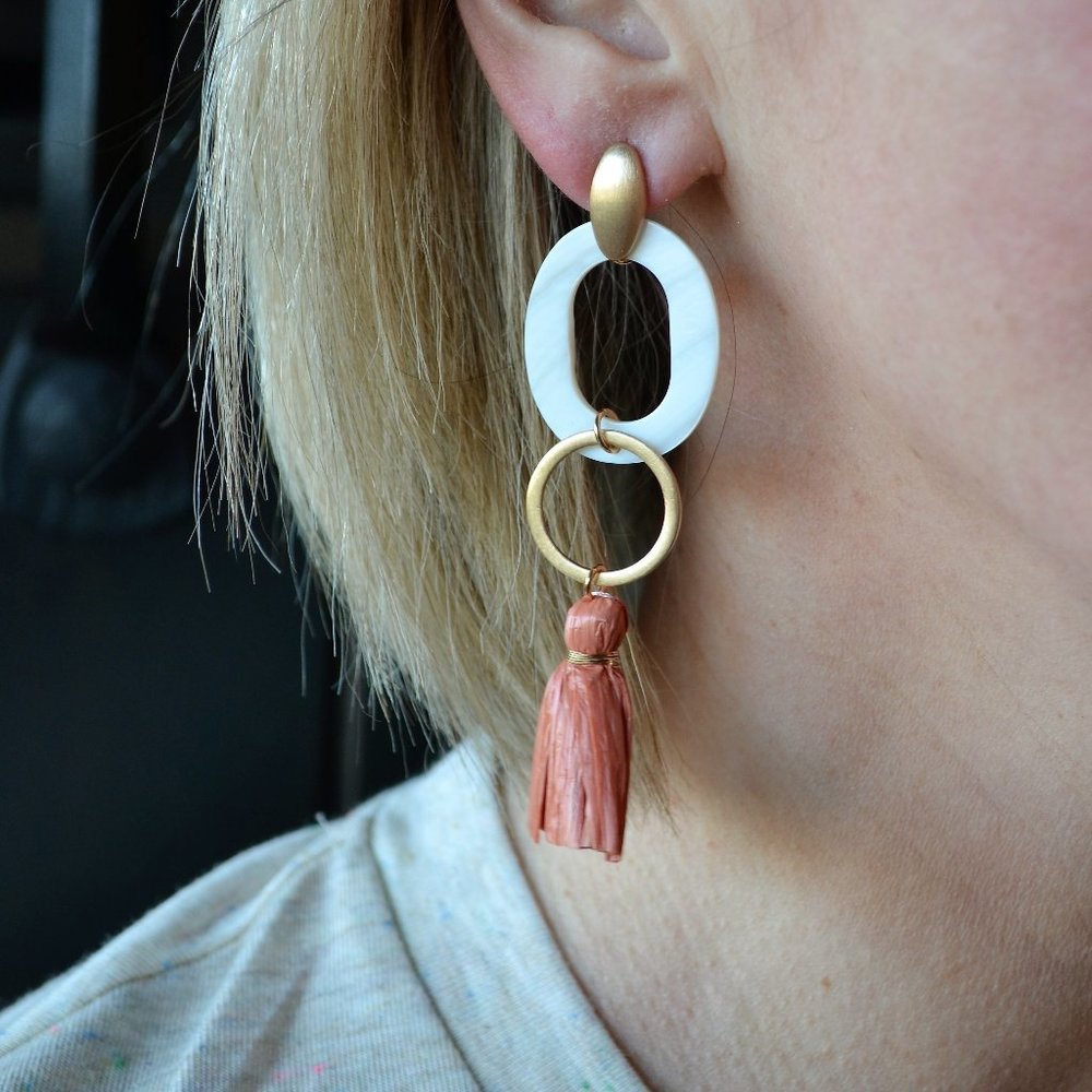 White & Blush Raffia Drop Earrings
